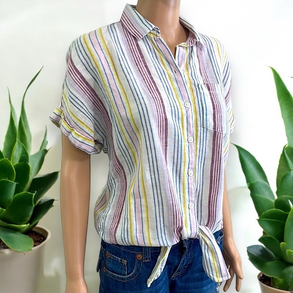 Beach Lunch Lounge Linen Rainbow Brooklyn Womens Stripe Tie-Front Button-DownTop - Picture 7 of 16